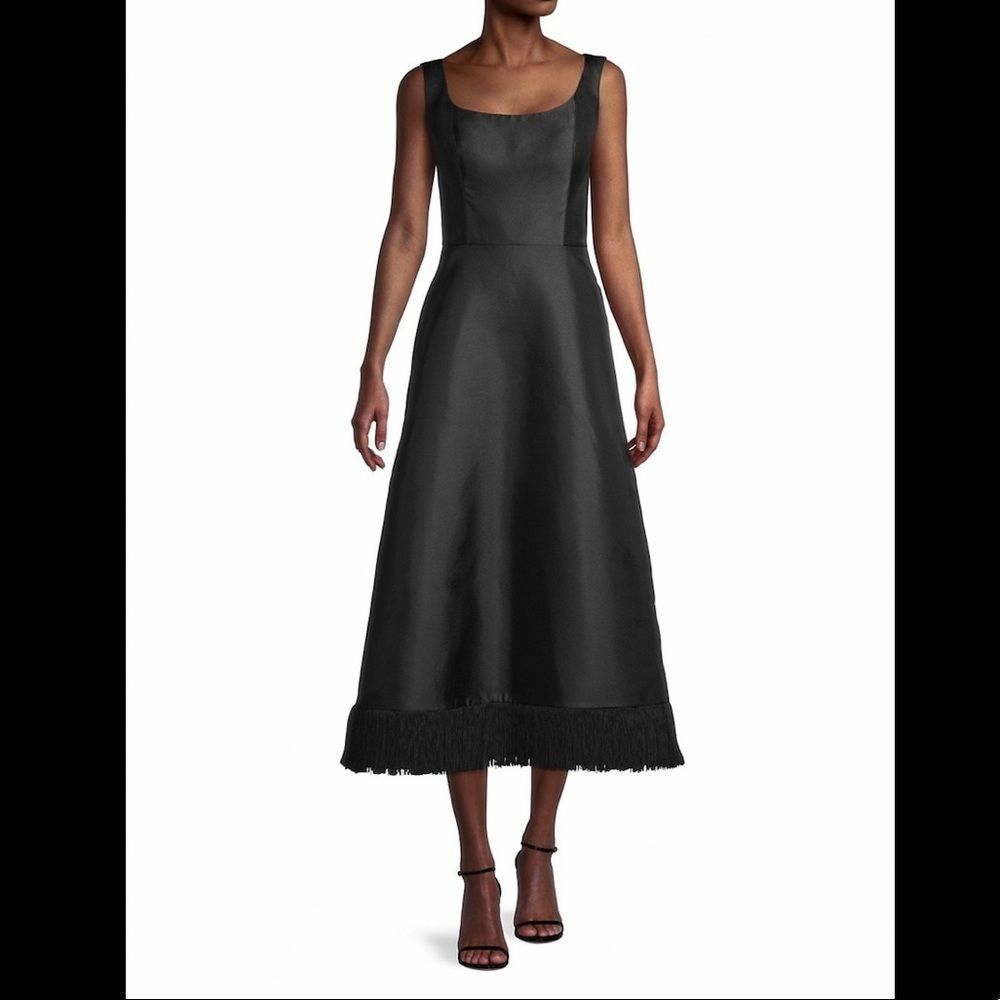 Kay Unger Black Midi Dress with Fringe Hem
